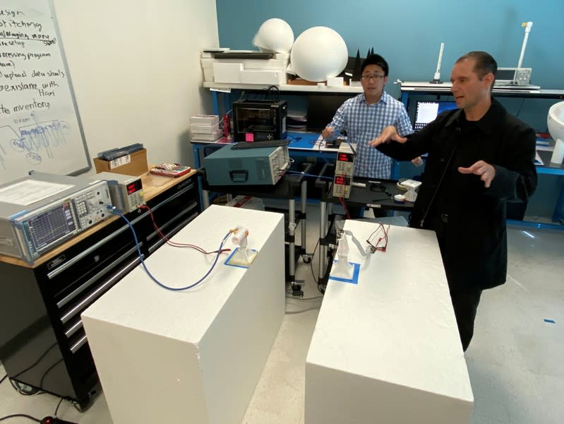 Keyssa Inc Radio Frequency Test Engineer David Mai and Chief Wireless Strategist Ruben Caballero in one of the company's labs in Campbell