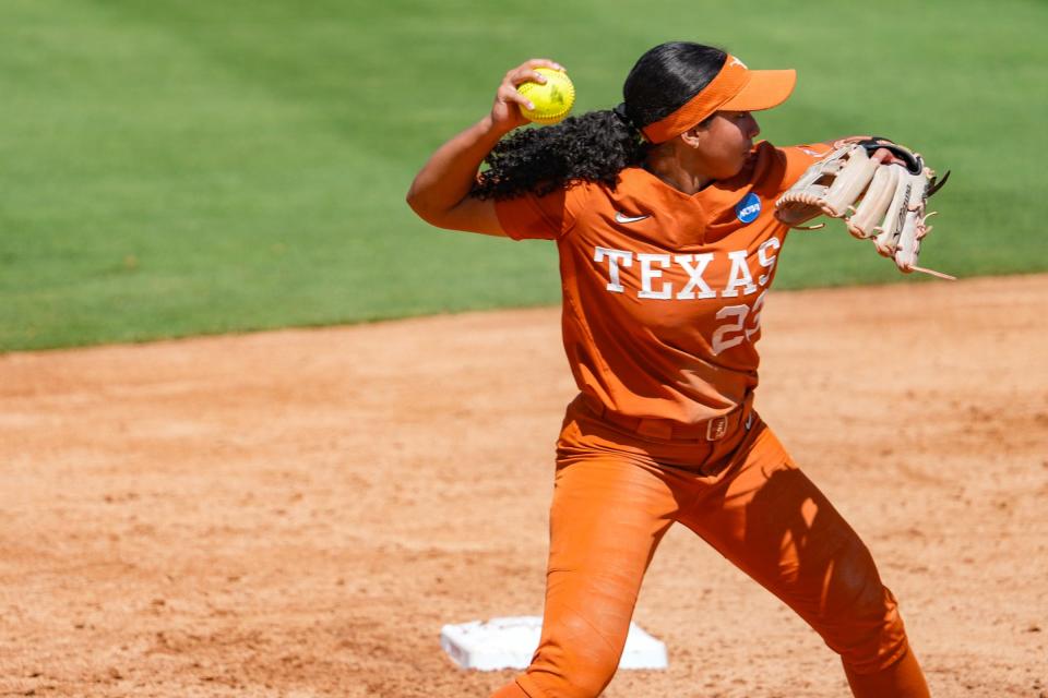 Texas infielder Vivi Martinez is part of a potent lineup that's seeking to become the second school to win volleyball and softball national titles in the same school year. The top-ranked Horns play Texas A&M in a best-of-three super regional starting Friday at McCombs Field.