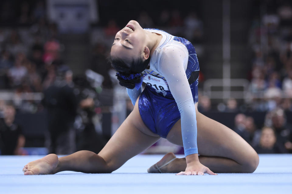 Leanne Wong competes in the floor exercise at the U.S. Gymnastics Championships, Friday, Aug. 25, 2023, in San Jose, Calif. (AP Photo/Jed Jacobsohn)