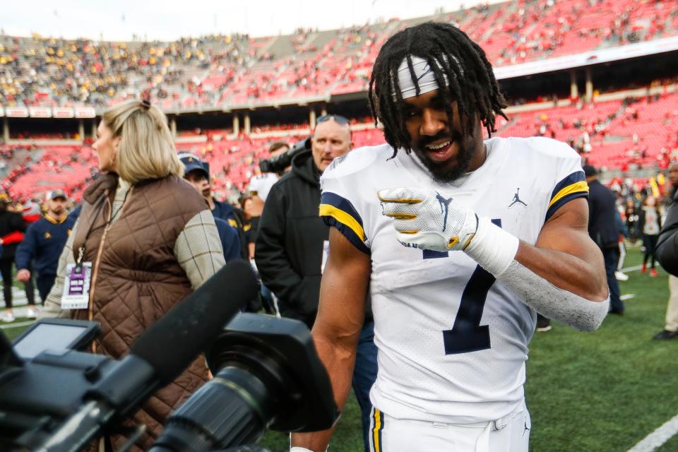 Michigan running back Donovan Edwards celebrates the Wolverines' 45-23 win over Ohio State at Ohio Stadium in Columbus on Nov. 26, 2022.