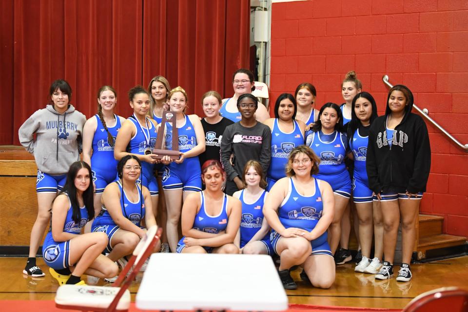 Mulberry holds up the runner-up Class 1A, District 12 girls' trophy.