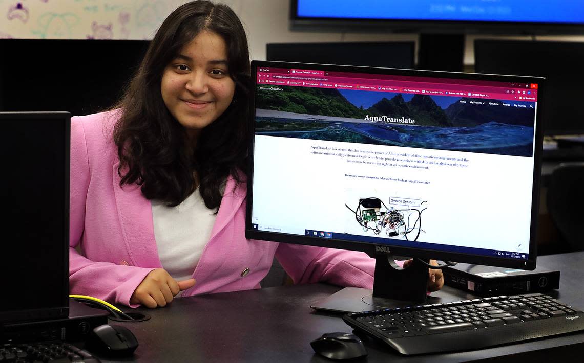 Hanford High student Prayrona Choudhury shows the website for her marine-biology invention named AquaTranslate.