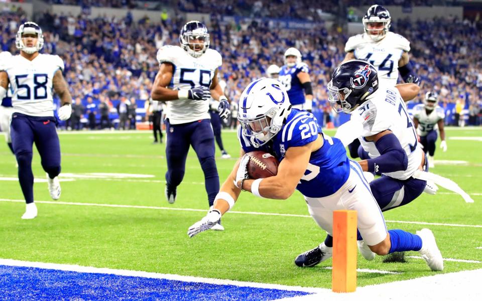 Jordan Wilkins dives into the end zone during the Colts' defeat of the Texans earlier this season - Getty Images North America