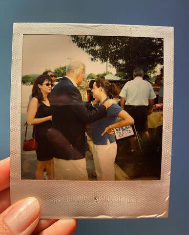 <p>Aubrey Plaza Instagram</p> A polaroid of Aubrey Plaza with her mom Bernadette Plaza and U.S. President Joe Biden.