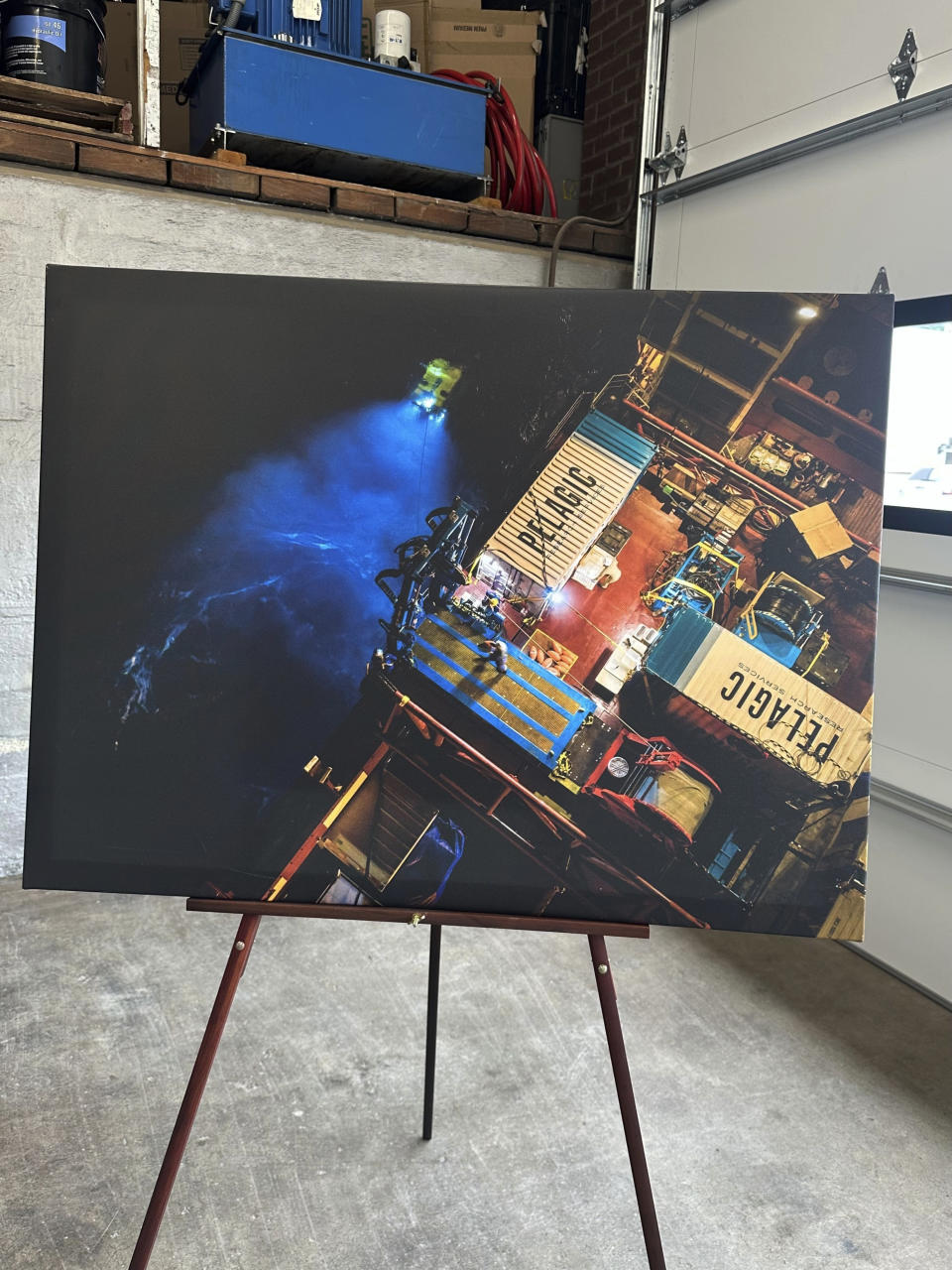 Visual aids for upcoming news conference on the Titan submersible are displayed on Friday, June 30, 2023 in Buffalo, N.Y. The submersible imploded last week, killing all five people on board. (AP Photo/Carolyn Thompson)