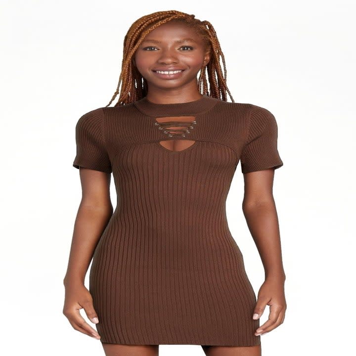 model wearing the brown dress