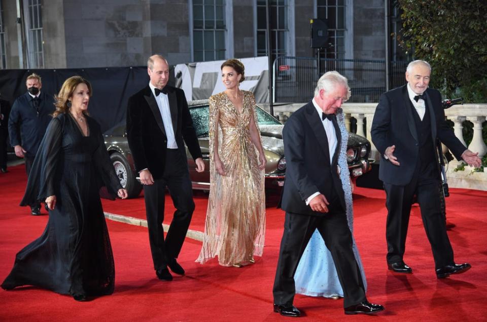 Barbara Broccoli, the Duke and Duchess of Cambridge, Prince Charles, the Duchess of Cornwall, and Michael G Wilson (Gareth Cattermole/Getty Images)