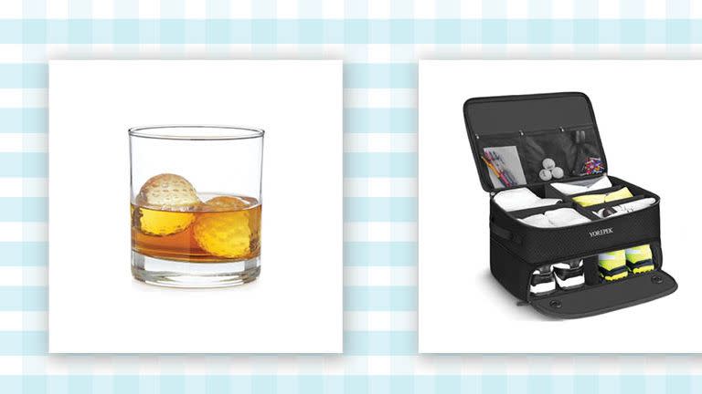 a cocktail glass and golf organizer