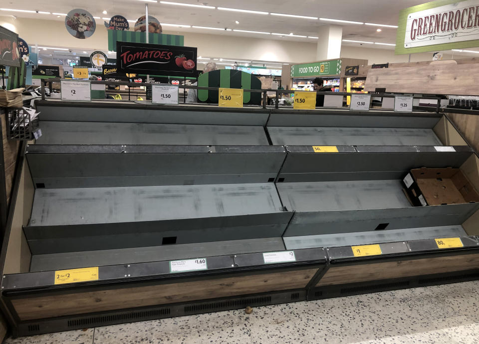 Empty shelves at a Morrisons supermarket in Whitley Bay. Picture date: Monday March 16, 2020. Retailers have reported a rise in abuse of staff amid coronavirus panic-buying, despite supermarkets calling for calm from shoppers. See PA story HEALTH Coronavirus Retail. Photo credit should read: Owen Humphreys/PA Wire (Photo by Owen Humphreys/PA Images via Getty Images)