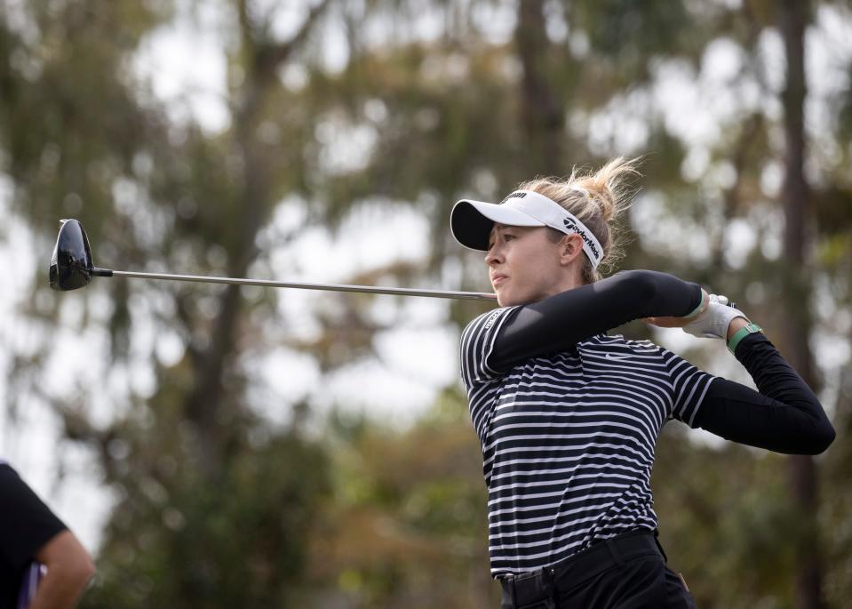 Nelly Korda tees off on the first hole at the Grant Thornton Invitational at Tiburon Golf Club in Naples on Friday, Dec. 8, 2023.