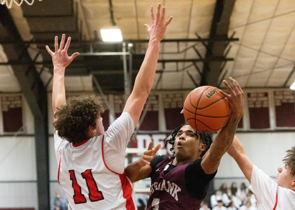 Red Bank Zayier Dean drives to the basket. Red Bank Regional Boys Basketball vs Robbinsville in NJSIAA Central Group 3 Quarterfinal game in Red Bank on February 27, 2024.