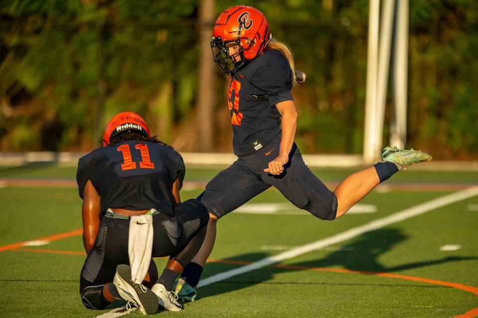 Lily White kicks an extra point during FHSAA boys football action as host The Benjamin School Buccaneers take on the Gulliver Prep Raiders in Palm Beach Gardens, Fla., on September 14, 2023.