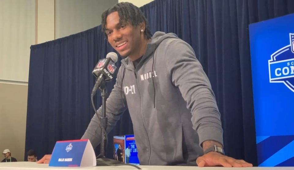 Malik Nabers speaks to reporters at the NFL scouting combine prior to being drafted by the New York Giants.