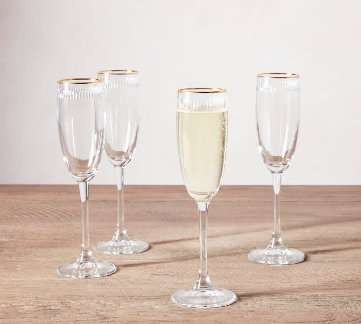 Pottery Barn Set of 4 Etched Gold Rim Handcrafted Champagne Flutes