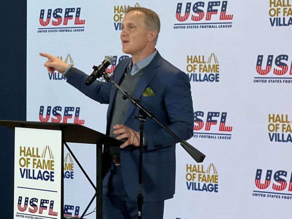 Eric Shanks, FOX Sports CEO, speaks at a USFL and Hall of Fame Village joint press conference on Wednesday discussing plans for the league's 2023 season, which includes more games in Canton.