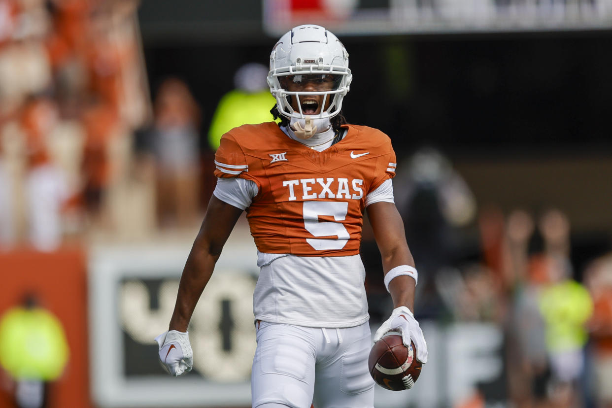 Texas WR Adonai Mitchell could fill a big need for the Jaguars, who could use a big pass-catching target after they lost Calvin Ridley in free agency. (Photo by Matthew Pearce/Icon Sportswire via Getty Images)