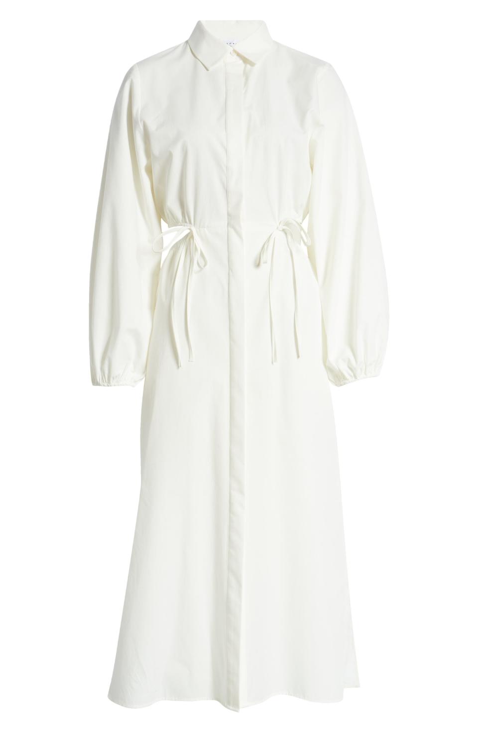 2) Ruched Cutout Long Sleeve Cotton Poplin Midi Shirtdress