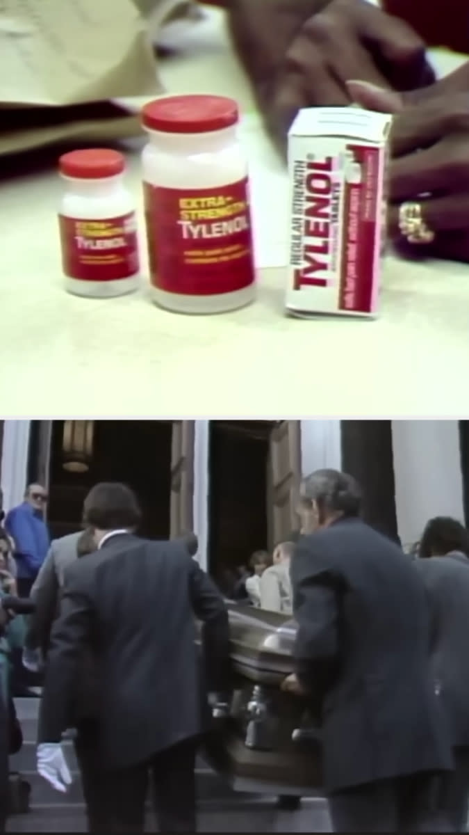 Bottles of Tylenol is shown alongside a funeral casket being brought into a church