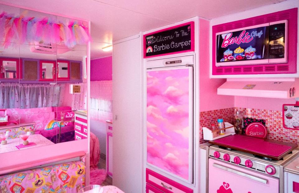 The kitchen in the Krammes’ Barbie camper features an oven and microwave styled after toy ones. Abby Drey/adrey@centredaily.com
