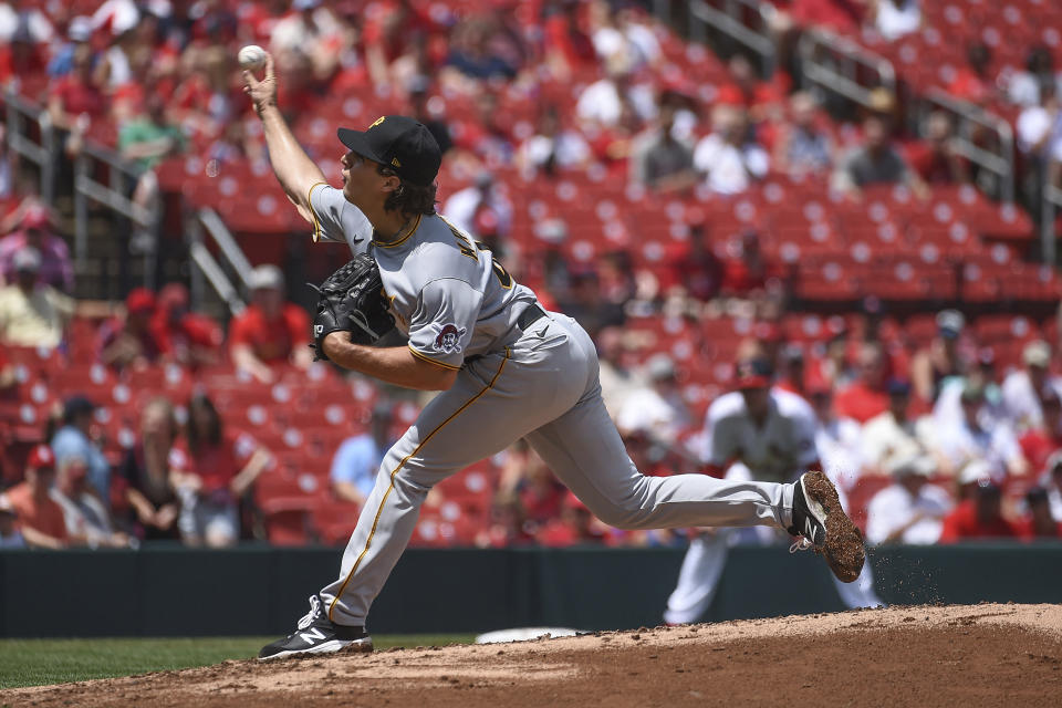 Pittsburgh Pirates starting pitcher Max Kranick throws during the second inning of a baseball game against the St. Louis Cardinals Sunday, June 27, 2021, in St. Louis. (AP Photo/Joe Puetz)