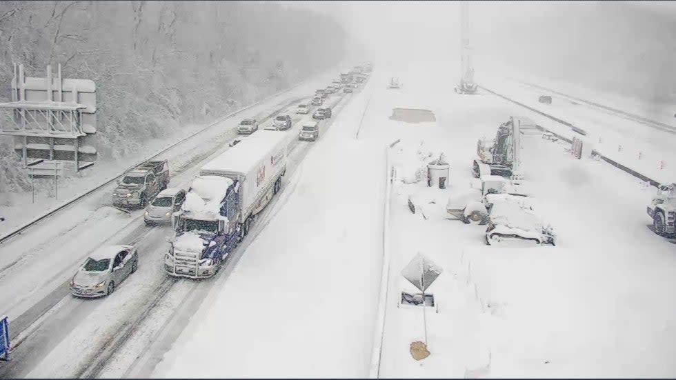 This image provided by the Virginia department of Transportation shows a closed section of Interstate 95 near Fredericksburg, Va.