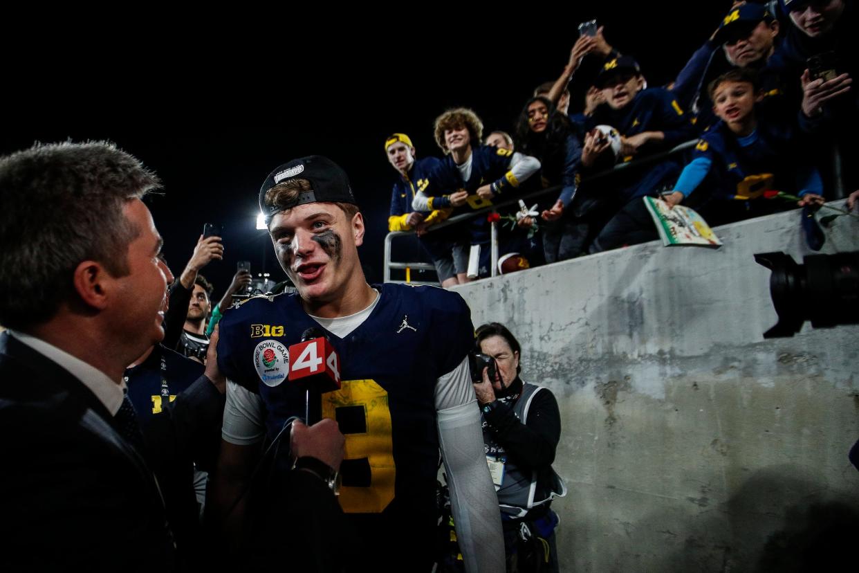 Michigan quarterback J.J. McCarthy celebrates a 27-20 Rose Bowl win over Alabama at the 2024 Rose Bowl in Pasadena, Calif., on Monday, Jan. 1, 2024.