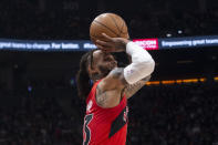 Toronto Raptors' Gary Trent Jr. hits a 3-point shot against the Oklahoma City Thunder during the first half of an NBA basketball game Wednesday, Dec. 8, 2021, in Toronto. (Chris Young/The Canadian Press via AP)