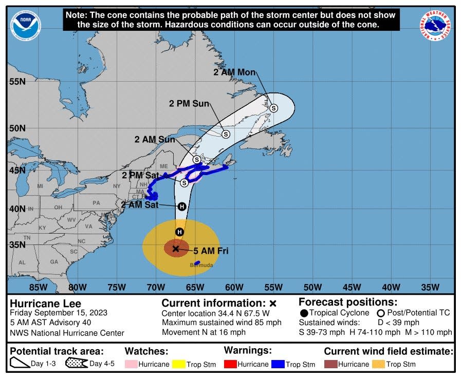 The National Hurricane Center's forecast cone for the storm center of Hurricane Lee, issued at 5 a.m. on Sept. 15, 2023.