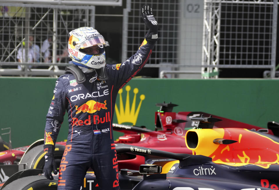 Red Bull driver Max Verstappen of the Netherlands celebrates after winning the Sprint Race qualifying session at the Red Bull Ring racetrack in Spielberg, Austria, Saturday, July 9, 2022. The Austrian F1 Grand Prix will be held on Sunday July 10, 2022. (AP Photo/Matthias Schrader)