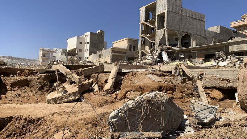 Flooding aftermath is seen in Derna, Libya, on Thursday, Sept. 14, 2023. Search teams are combing streets, wrecked buildings, and even the sea to look for bodies in Derna, where the collapse of two dams unleashed a massive flash flood that killed thousands of people.