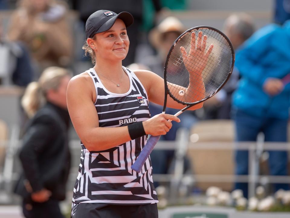 Ashleigh Barty celebrates during her French Open final win over Marketa Vondrousova.