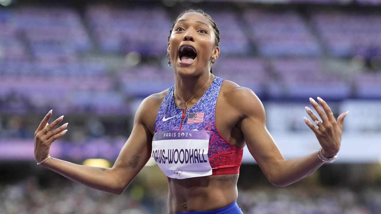 Tara Davis-Woodhall, of the United States, competes during the women's long jump final at the 2024 Summer Olympics, Thursday, Aug. 8, 2024, in Saint-Denis, France.(AP Photo/Bernat Armangue)