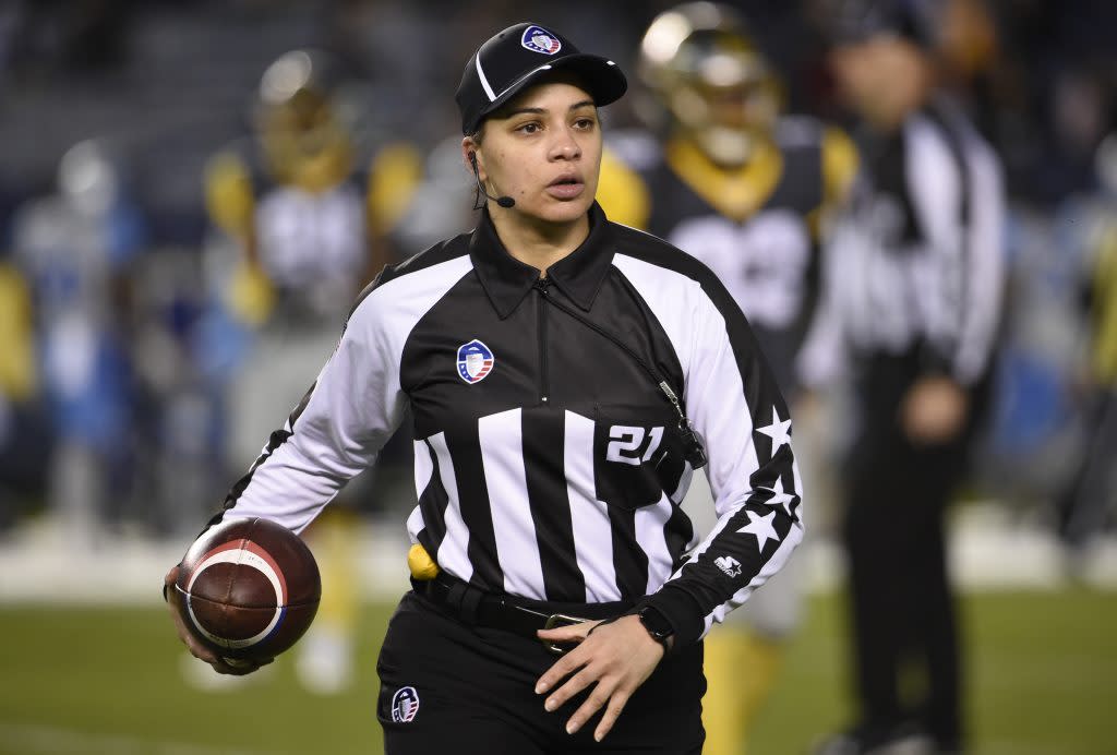 Referee Maia Chaka officiates while the Salt Lake Stallions and the San Diego Fleet play in the Alliance of American Football game at SDCCU Stadium on March 09, 2019 in San Diego, California. (Photo by Denis Poroy/AAF/Getty Images)