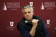 FILE - Republican Utah gubernatorial candidate and former ambassador Jon Huntsman Jr. looks on during a debate on May 20, 2020, in Salt Lake City. Huntsman was an enormously popular governor, scion of a prominent family and ambassador under two presidents to America's biggest global rivals, so he should be a political force to be reckoned with. But his comeback attempt came fell short in a GOP primary as he contended with a crushing pandemic and a fresh-faced opponent. He was narrowly beaten Monday, July 6, 2020 by Lt. Gov. Spencer Cox (AP Photo/Rick Bowmer, File)