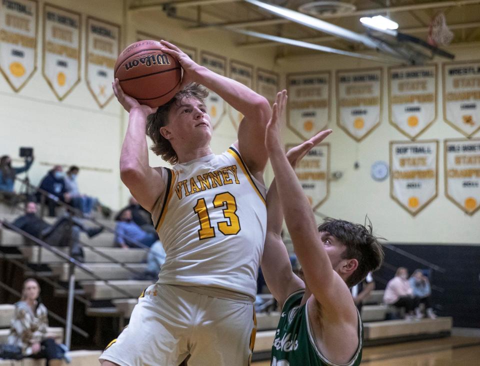 SJV Kyle Verriest goes up with a second half shot. St. John Vianney Boys Basketball defeats Colts Neck 64-38 in Holmdel, NJ on January 11, 2022. 