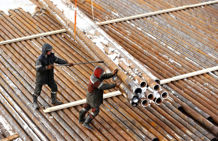 Drilling crew members unload pipes in an oil rig at the Yarakta Oil Field, owned by Irkutsk Oil Company (INK), in Irkutsk Region, Russia March 11, 2019. REUTERS/Vasily Fedosenko