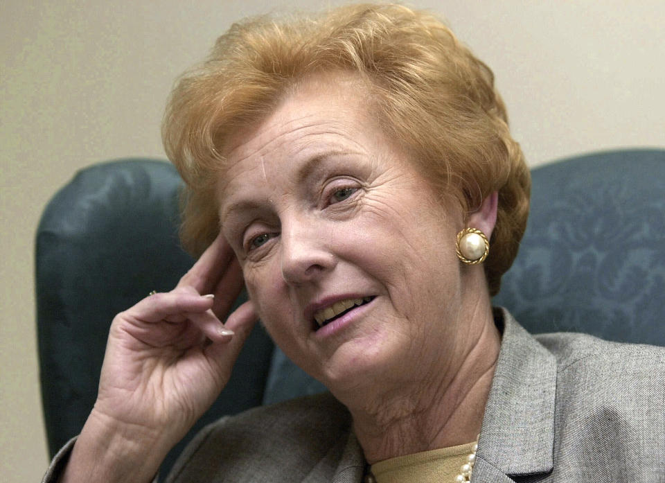 FILE - U.S. Senator-elect Jean Carnahan, D-Missouri, talks during an interview on Capitol Hill, Thursday, Dec. 7, 2000. Carnahan, who became the first female senator to represent Missouri after she was appointed to replace her husband following his death, died Tuesday, Jan. 30, 2024. She was 90. (AP Photo/Kenneth Lambert, File)