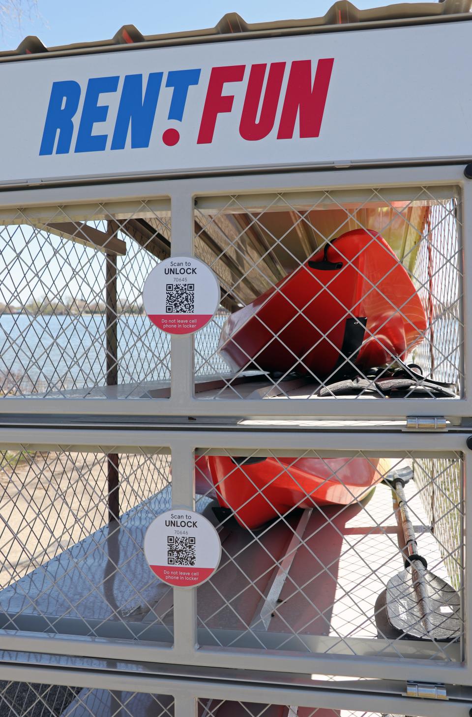 The Rent.Fun stations, this one located at Herb & Dolly Smith Park in Neenah, offer a life jacket, paddle and kayak.