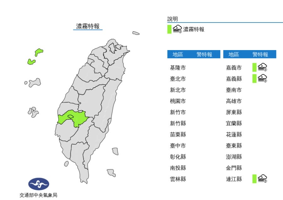 嘉義縣市及馬祖地區濃霧特報。   圖/中央氣象局