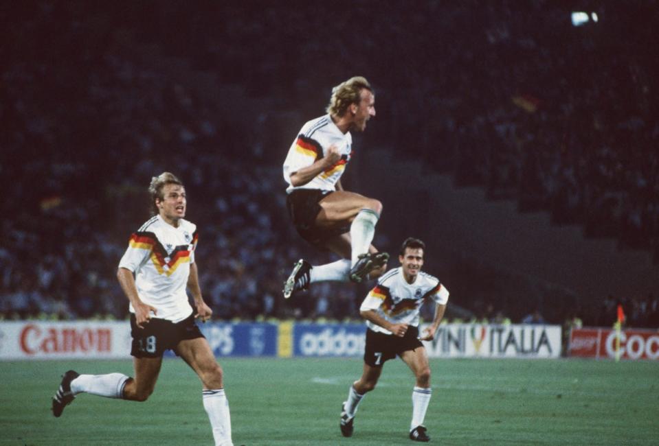 Andreas Brehme celebrates scoring the winning goal in the 1990 World Cup  (Bob Thomas Sports Photography vi)