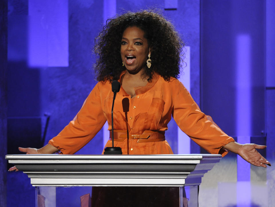 Oprah Winfrey speaks on stage at the 45th NAACP Image Awards at the Pasadena Civic Auditorium on Saturday, Feb. 22, 2014, in Pasadena, Calif. (Photo by Chris Pizzello/Invision/AP)