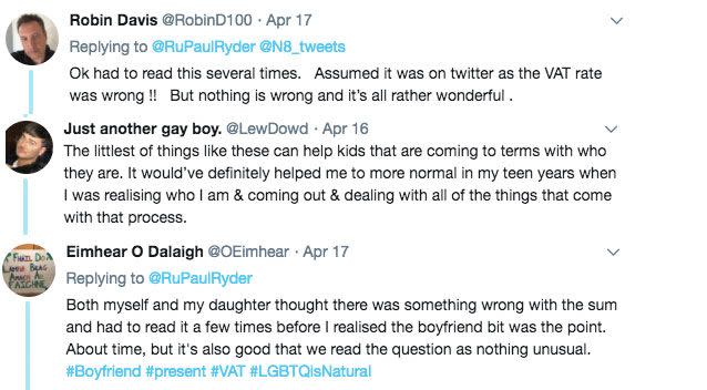 After realising he had shared it because of the same-sex relationship in the question many praised the text book for being inclusive. Photo: Twitter