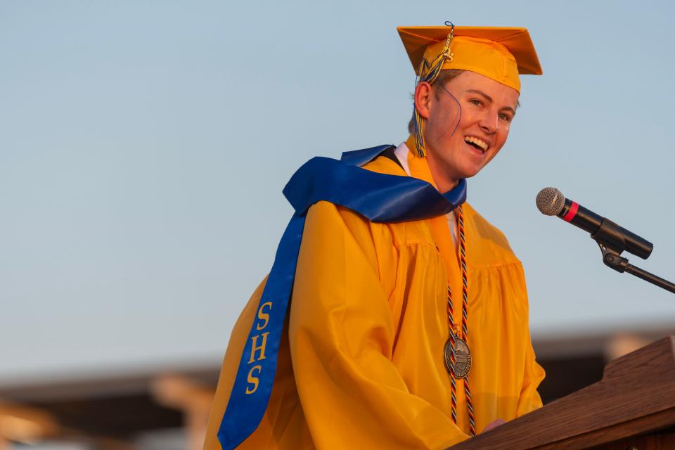 Valadictorian Shane Gage speaks during Serrano High School's Graduation Ceremony in Phelan CA on Thursday June 8, 2023. (James Quigg, for the Daily Press)