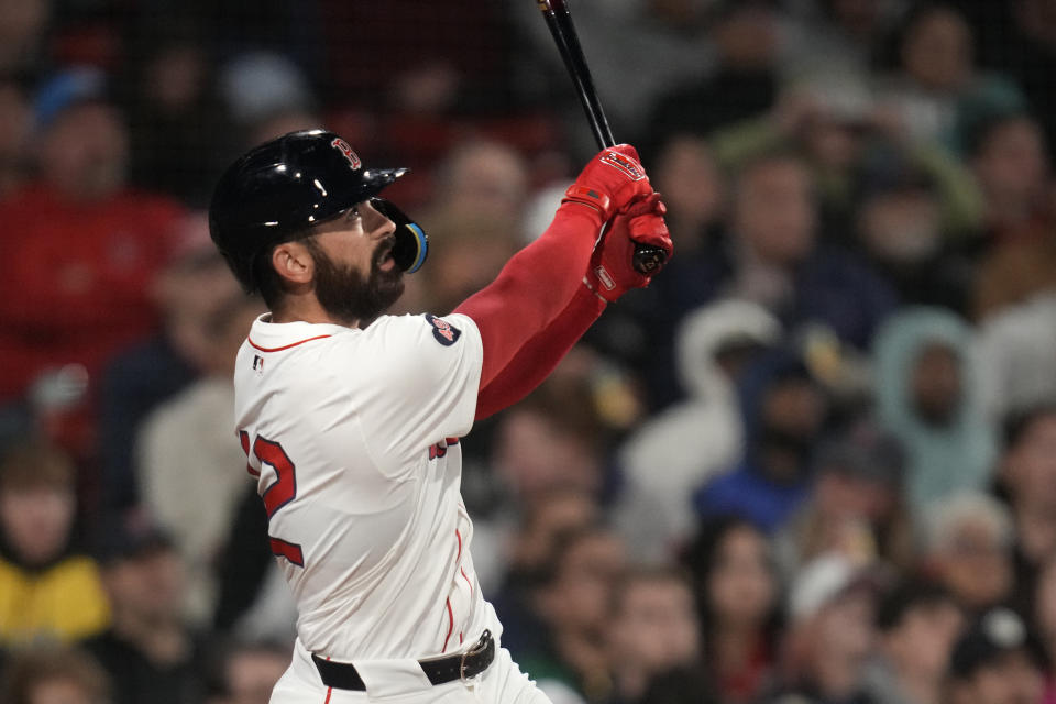 Boston Red Sox's Connor Wong watches his solo home run off Cleveland Guardians pitcher Ben Lively during the fourth inning of a baseball game Wednesday, April 17, 2024, in Boston. (AP Photo/Charles Krupa)