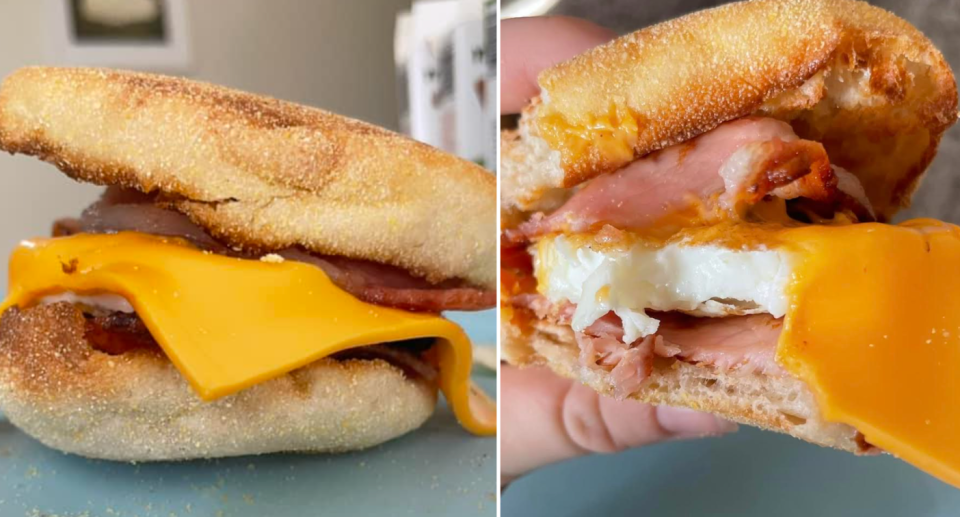 The cheese on a home-made sandwich similar to a bacon and egg McMuffin.