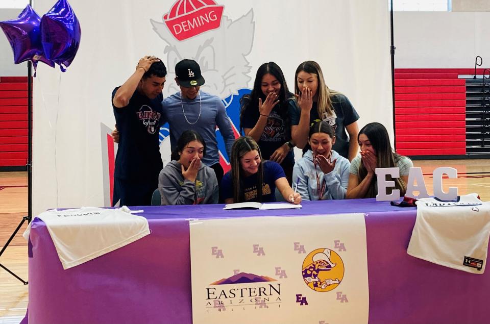 Bianca "Binky" Valverde, friends and teammates ham it up during a mock signing at Deming High School. Valverde will join the Eastern Arizona College Gila Monsters softball program in the fall.