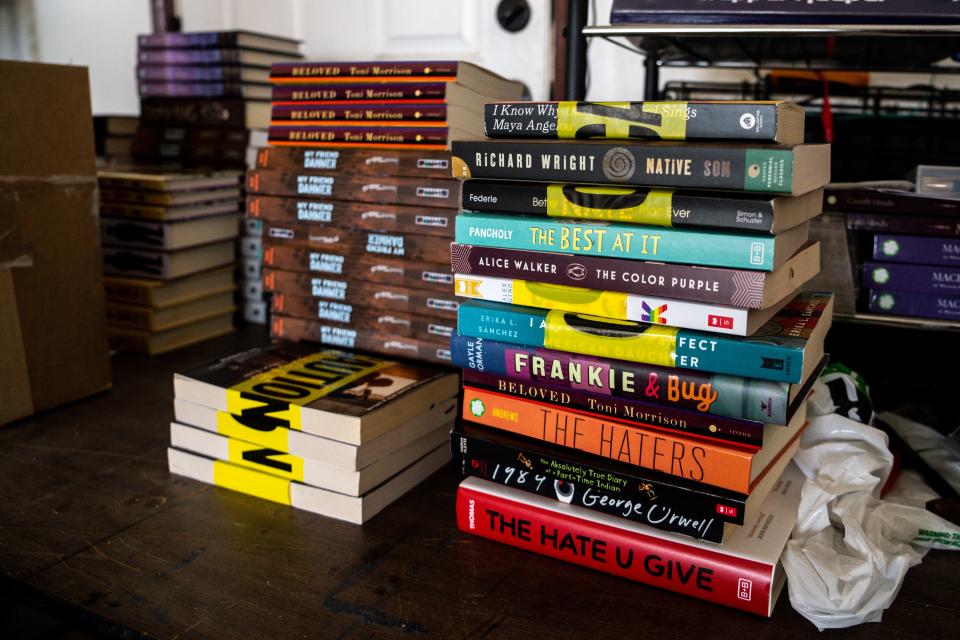 Copies of banned books sit in the garage of Sara Hayden Parris, founder and president of Annie's Foundation, a nonprofit that opposes book removals, on Thursday, Aug. 3, 2023, in Johnston. The books await being given away.