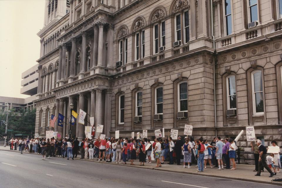 Supporters of the Fairness Amendment protested outside City Hall. Sept. 3,1992