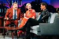 Host James Corden cracks up alongside guests Elle Fanning and Rob Lowe on Tuesday’s episode of <i>The Late Late Show</i> in L.A.