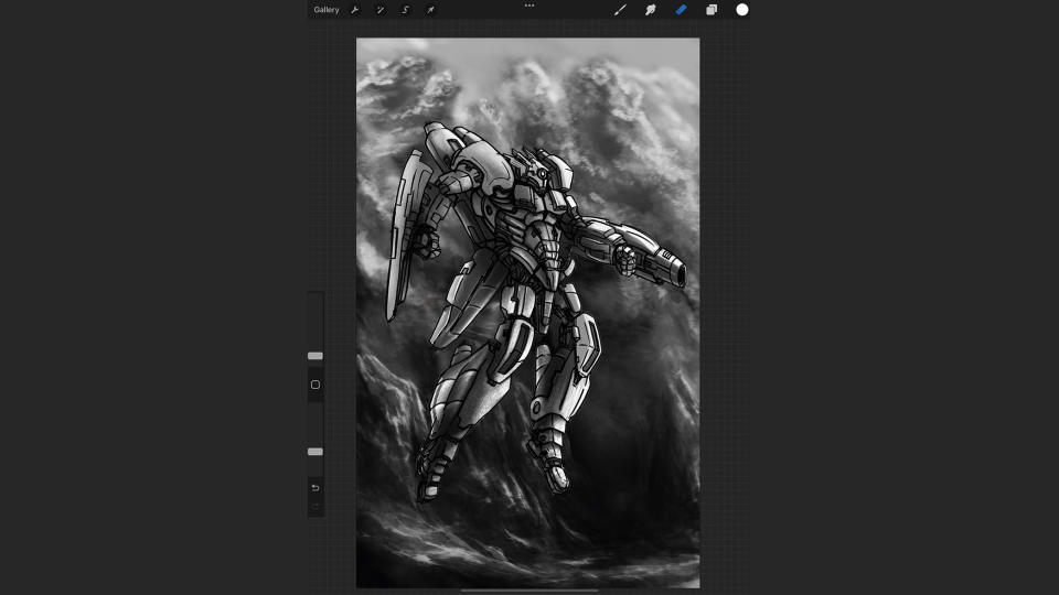 Procreate drawing of mech character from 3D model by Glen Southern